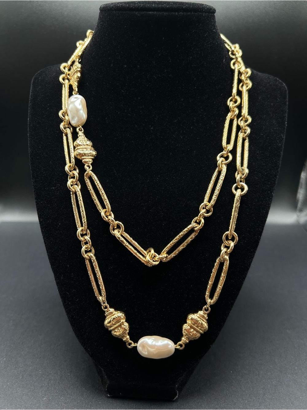 VTG Givenchy Gold-Tone Link Chain Necklace with Baroque Pearl Accents